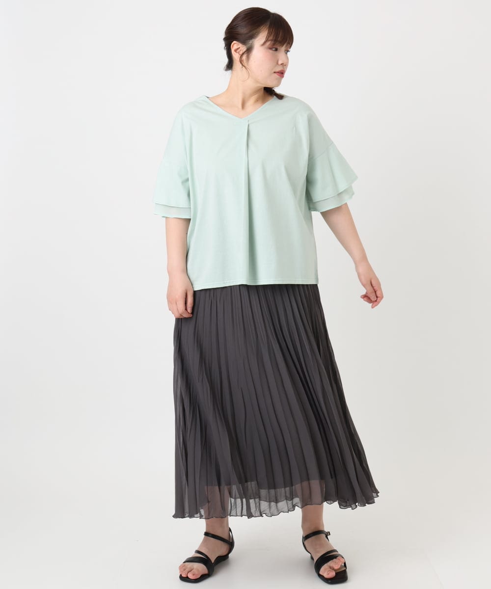 OLKHA30059 eur3(エウルキューブ) 【WEB先行販売】【大きいサイズ/接触冷感】Vネックシルケット天竺カットソー ライトグリーン(30)