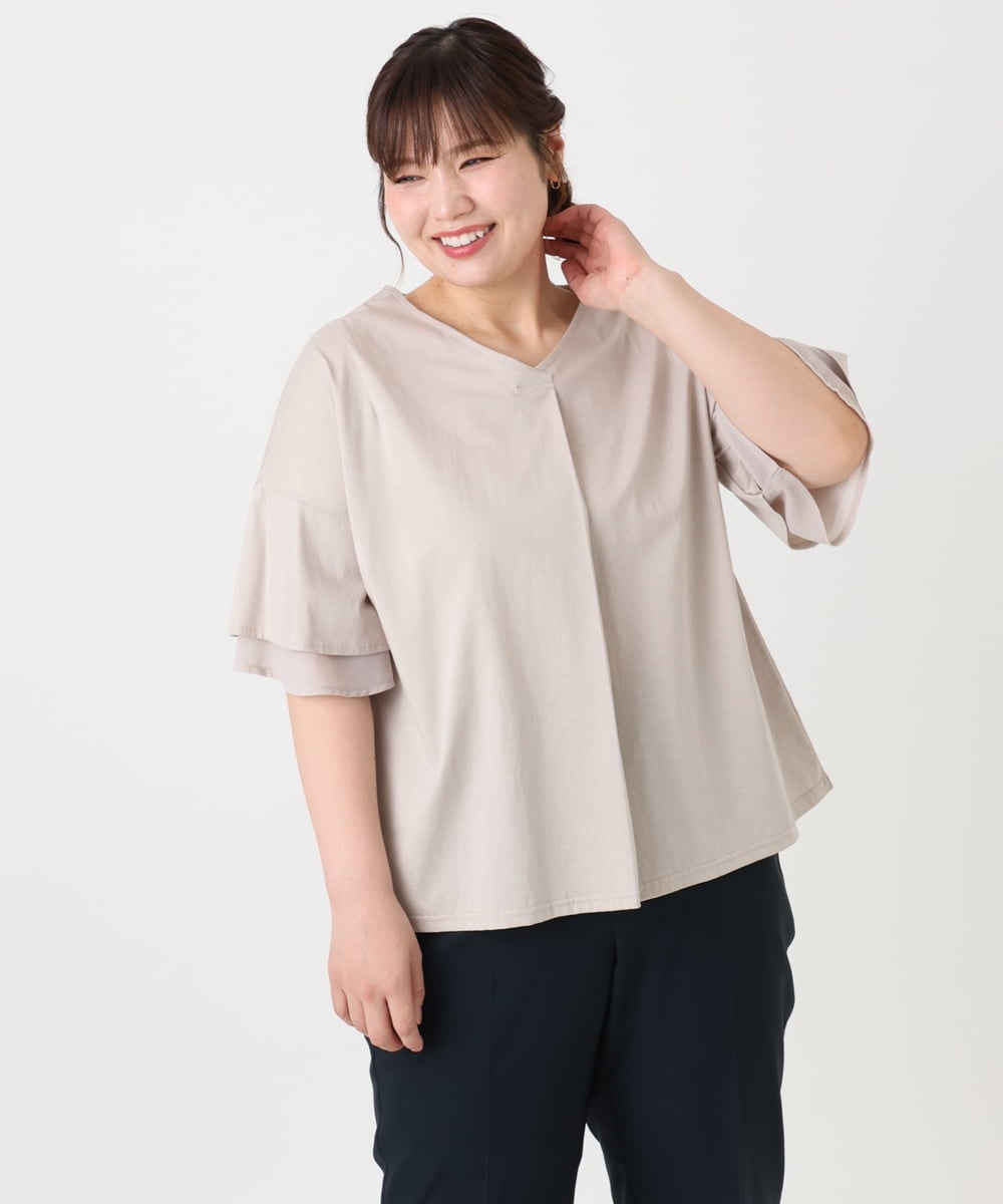 OLKHA30059 eur3(エウルキューブ) 【WEB先行販売】【大きいサイズ/接触冷感】Vネックシルケット天竺カットソー グレージュ(89)