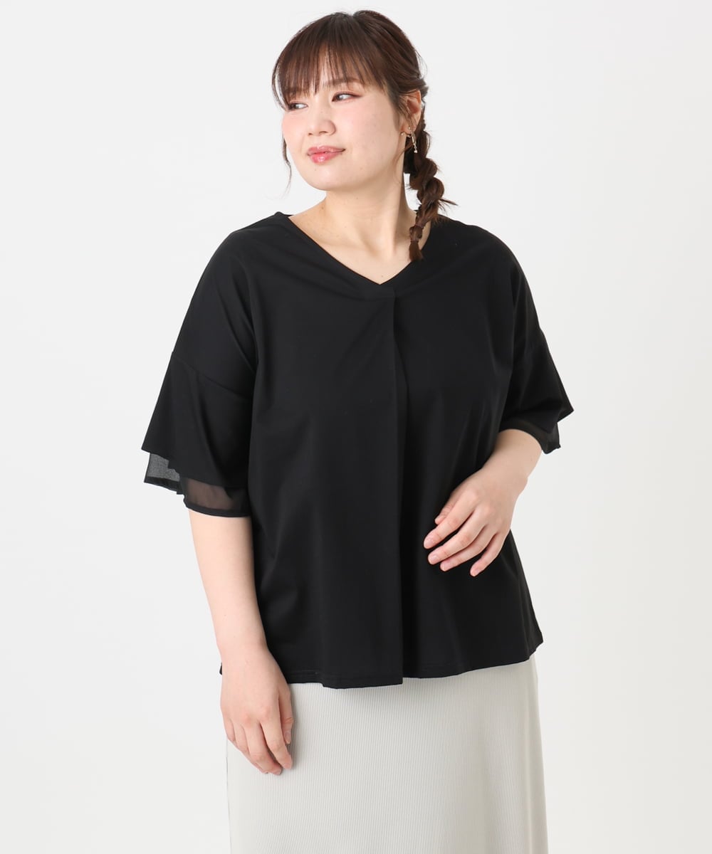 OLKHA30059 eur3(エウルキューブ) 【WEB先行販売】【大きいサイズ/接触冷感】Vネックシルケット天竺カットソー ブラック(94)