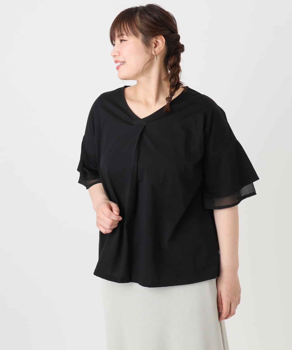OLKHA30059 eur3(エウルキューブ) 【WEB先行販売】【大きいサイズ/接触冷感】Vネックシルケット天竺カットソー ブラック(94)