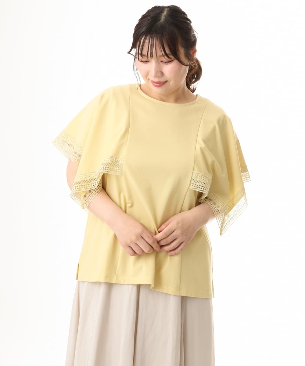OLKHD31069 eur3(エウルキューブ) 【WEB先行販売】【大きいサイズ/a.v.v×eur3】接触冷感ハンカチーフスリーブカットソー ライトイエロー