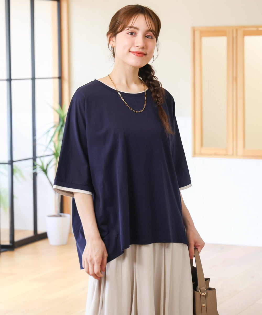 OLKHD42079 eur3(エウルキューブ) 【大きいサイズ/ 接触冷感】配色コットントップス ネイビー（WEB限定カラー）