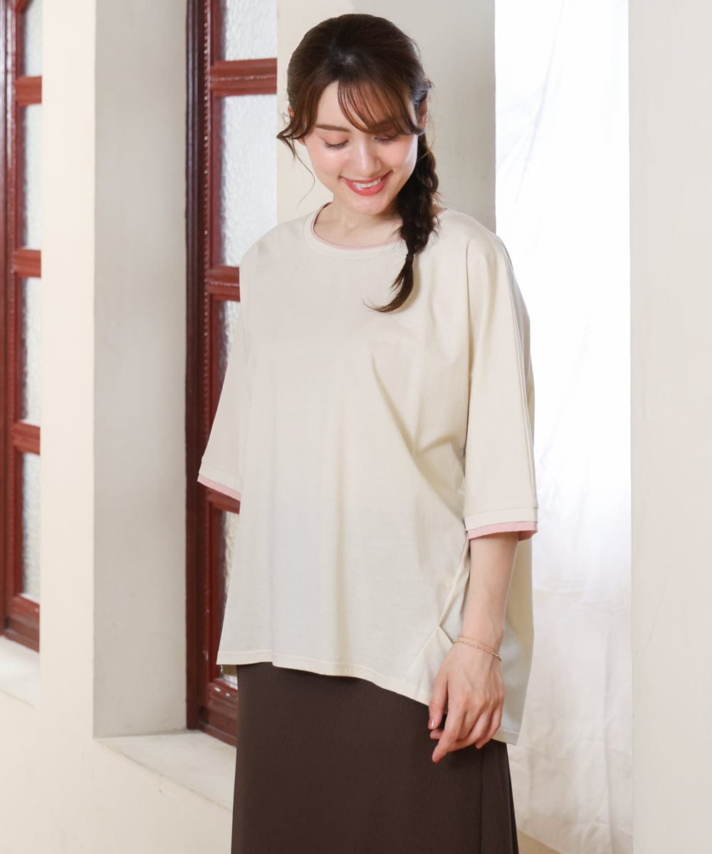OLKHD42079 eur3(エウルキューブ) 【大きいサイズ/ 接触冷感】配色コットントップス アイボリー