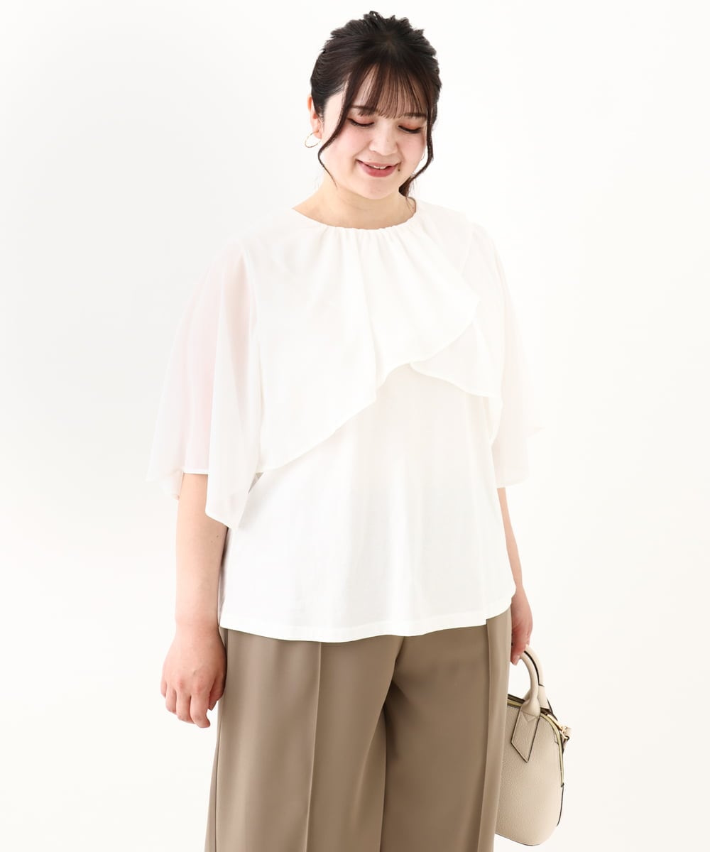 OLKHV28069 eur3(エウルキューブ) 【大きいサイズ/a.v.v×eur3】シフォンケープレイヤードトップス ホワイト(90)