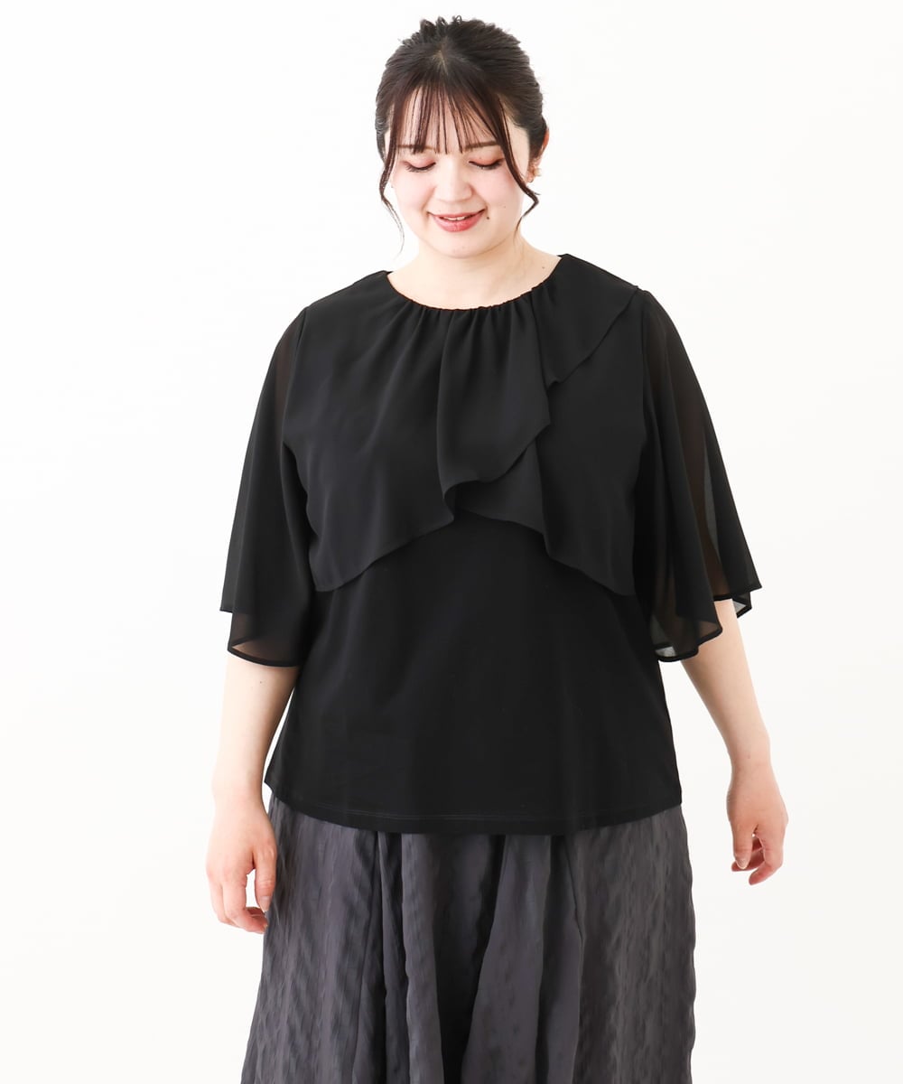 OLKHV28069 eur3(エウルキューブ) 【大きいサイズ/a.v.v×eur3】シフォンケープレイヤードトップス ブラック(94)