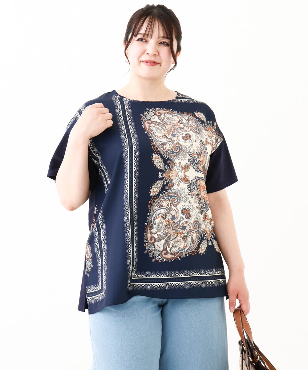 OLKHV48089 eur3(エウルキューブ) 【大きいサイズ/接触冷感】パネルプリントトップス ネイビー(57)