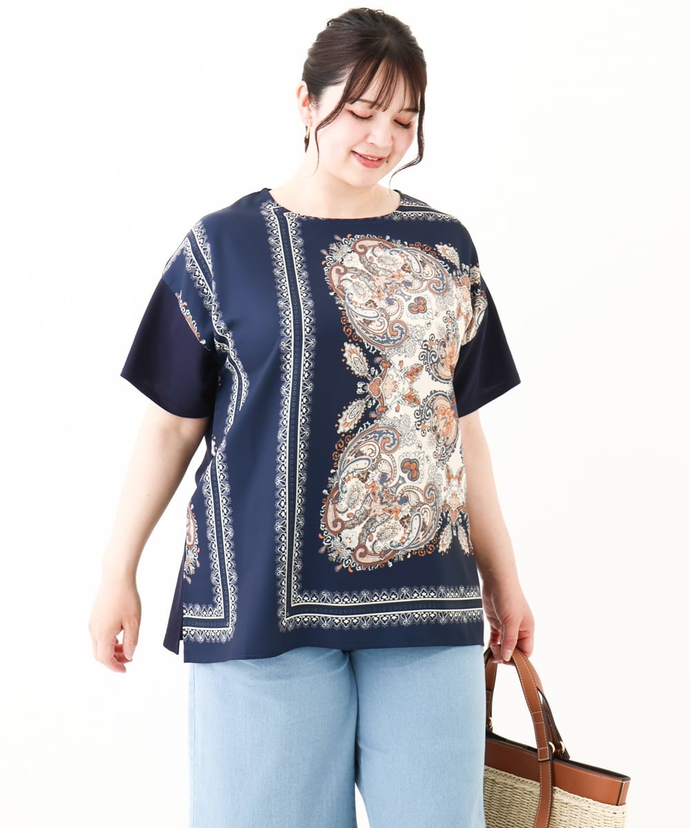 OLKHV48089 eur3(エウルキューブ) 【大きいサイズ/接触冷感】パネルプリントトップス ネイビー(57)