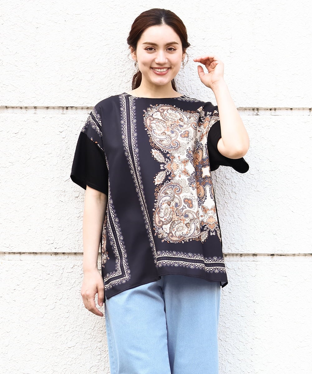 OLKHV48089 eur3(エウルキューブ) 【大きいサイズ/接触冷感】パネルプリントトップス ブラック(94)