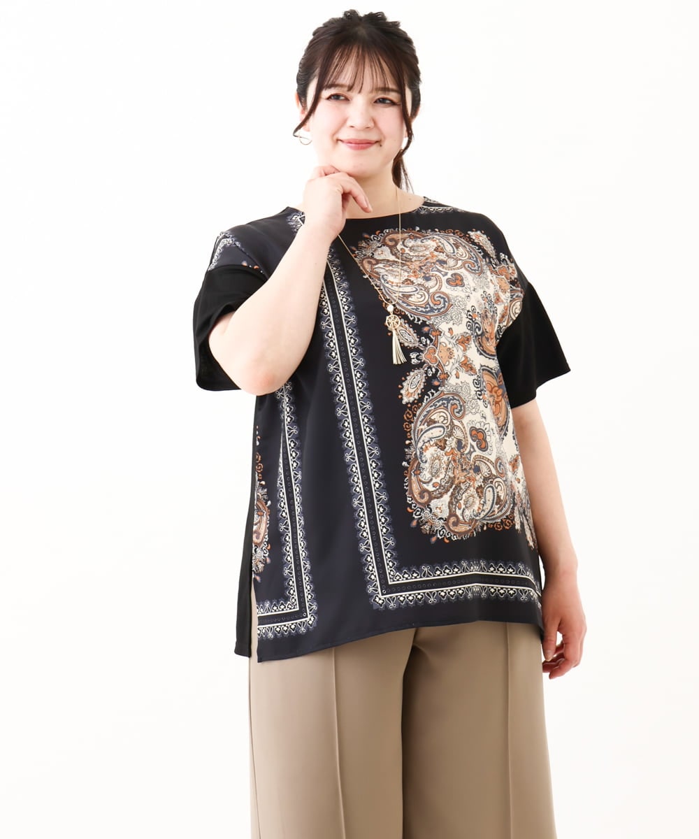 OLKHV48089 eur3(エウルキューブ) 【大きいサイズ/接触冷感】パネルプリントトップス ブラック(94)
