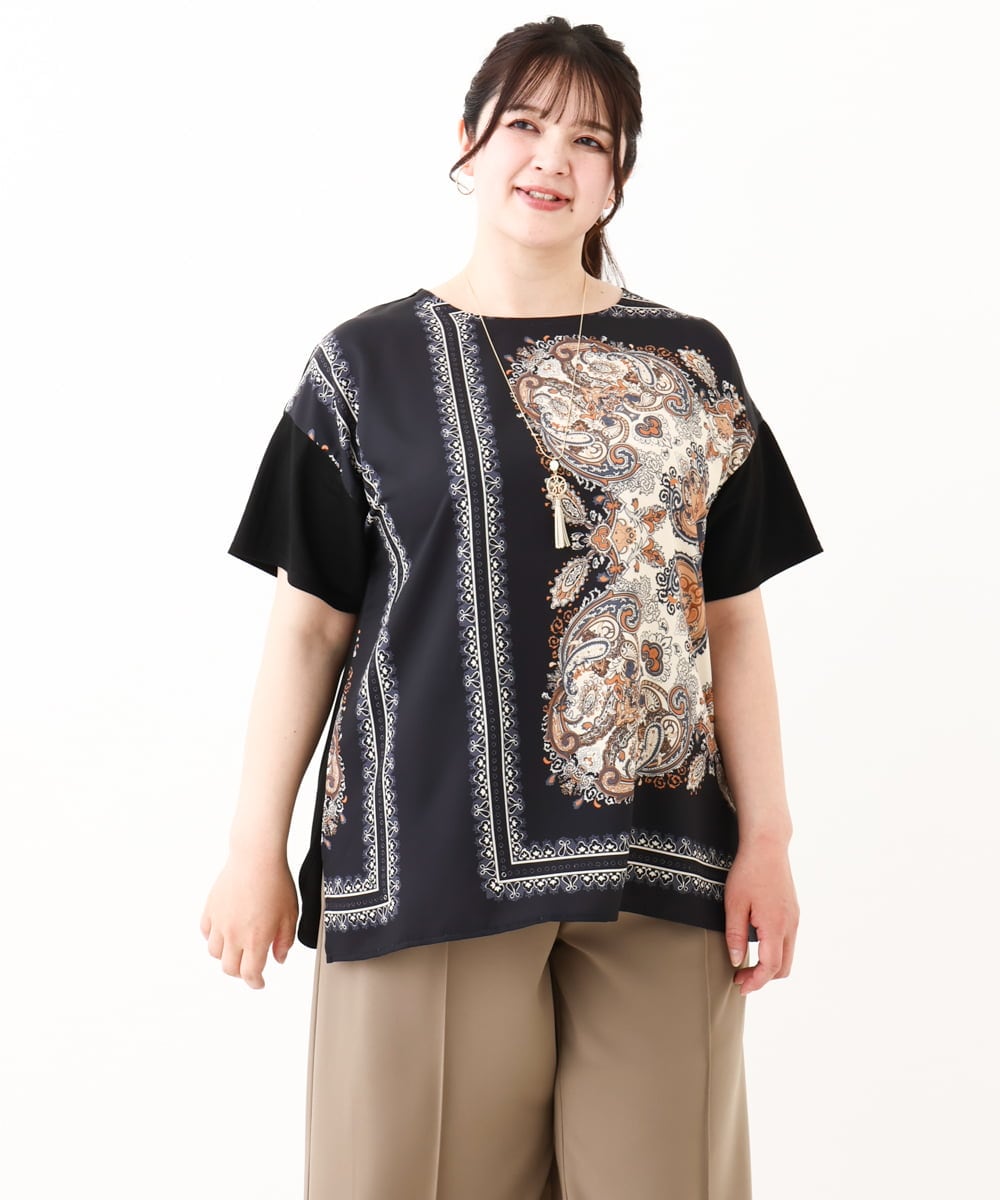 OLKHV48089 eur3(エウルキューブ) 【大きいサイズ/接触冷感】パネルプリントトップス ブラック(94)