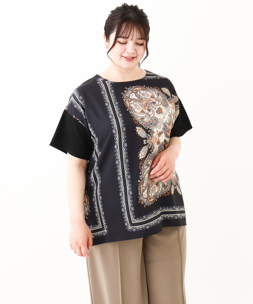 OLKHV48089 eur3(エウルキューブ) 【大きいサイズ/接触冷感】パネルプリントトップス ブラック(94)