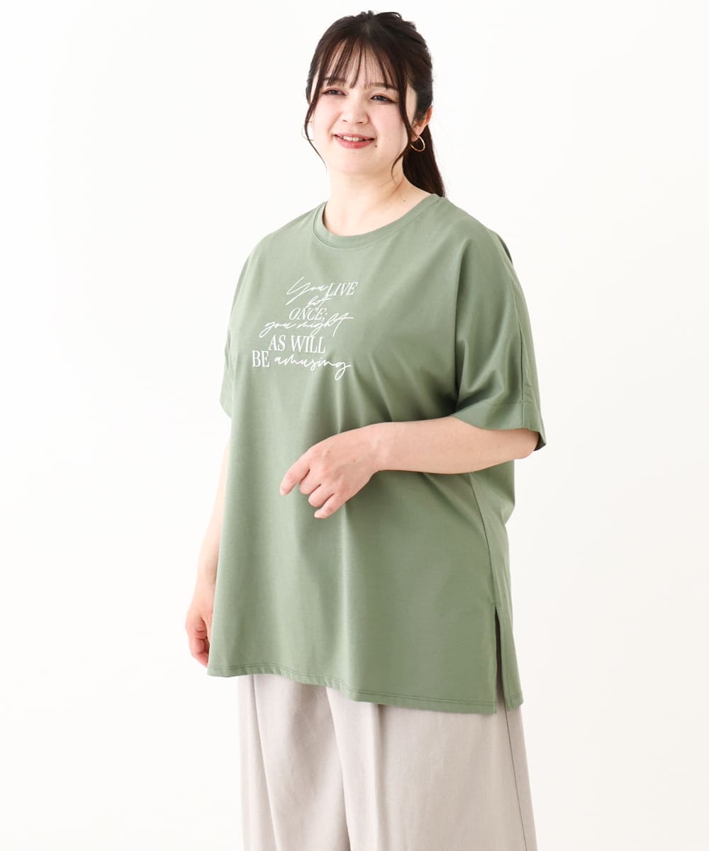 OLKHV50079 eur3(エウルキューブ) 【大きいサイズ/接触冷感】ロゴプリントオーバーシルエットTシャツ カーキ(36)
