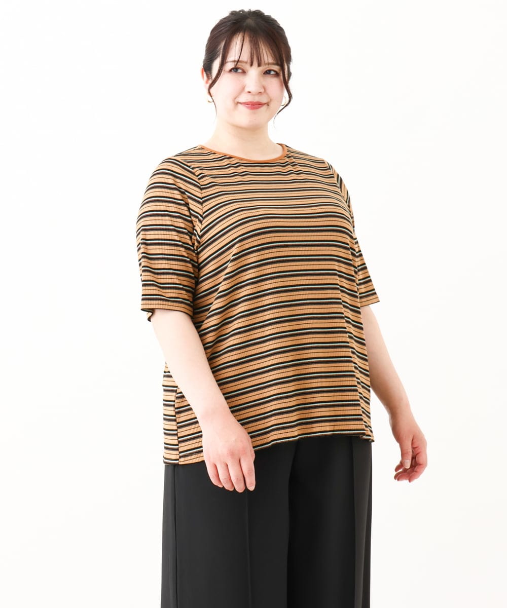 OLKHV54079 eur3(エウルキューブ) 【大きいサイズ】レトロボーダーカットソー ダークブラウン(87)