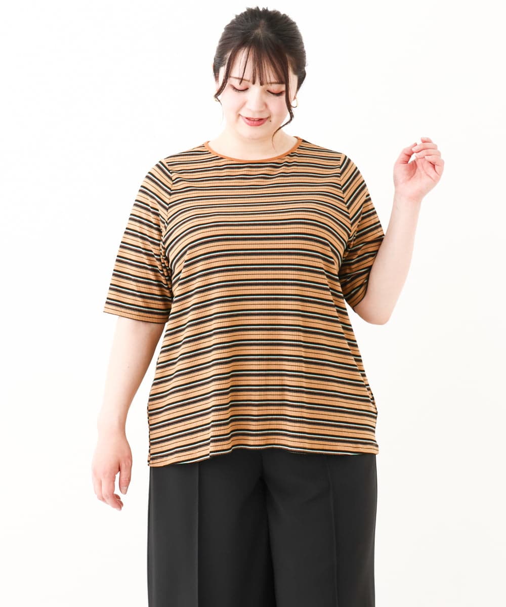 OLKHV54079 eur3(エウルキューブ) 【大きいサイズ】レトロボーダーカットソー ダークブラウン(87)