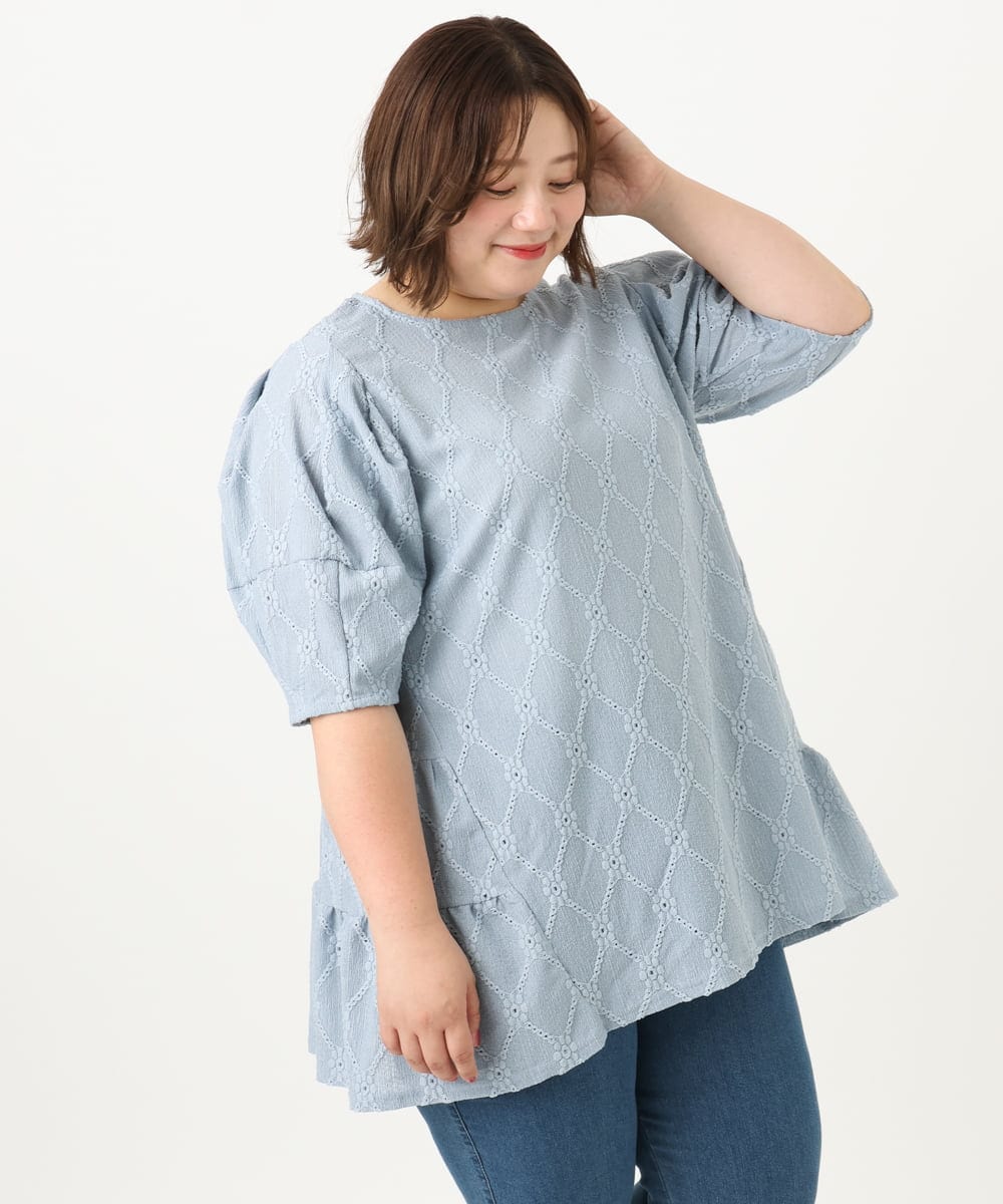 OLKIA41079 eur3(エウルキューブ) 【WEB先行販売】【大きいサイズ】アイレットレースティアードトップス ライトブルー(50)