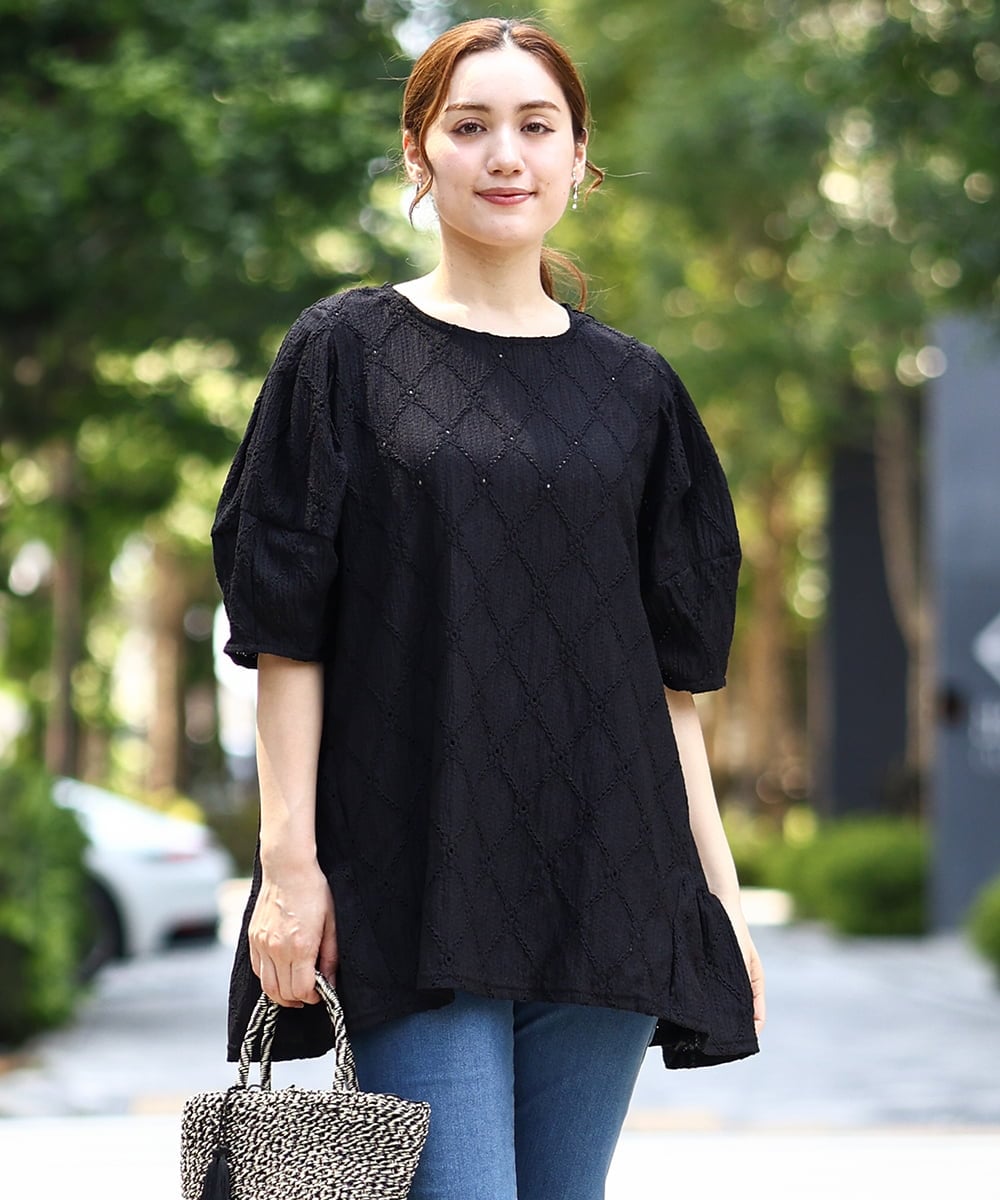 OLKIA41079 eur3(エウルキューブ) 【WEB先行販売】【大きいサイズ】アイレットレースティアードトップス ブラック(94)