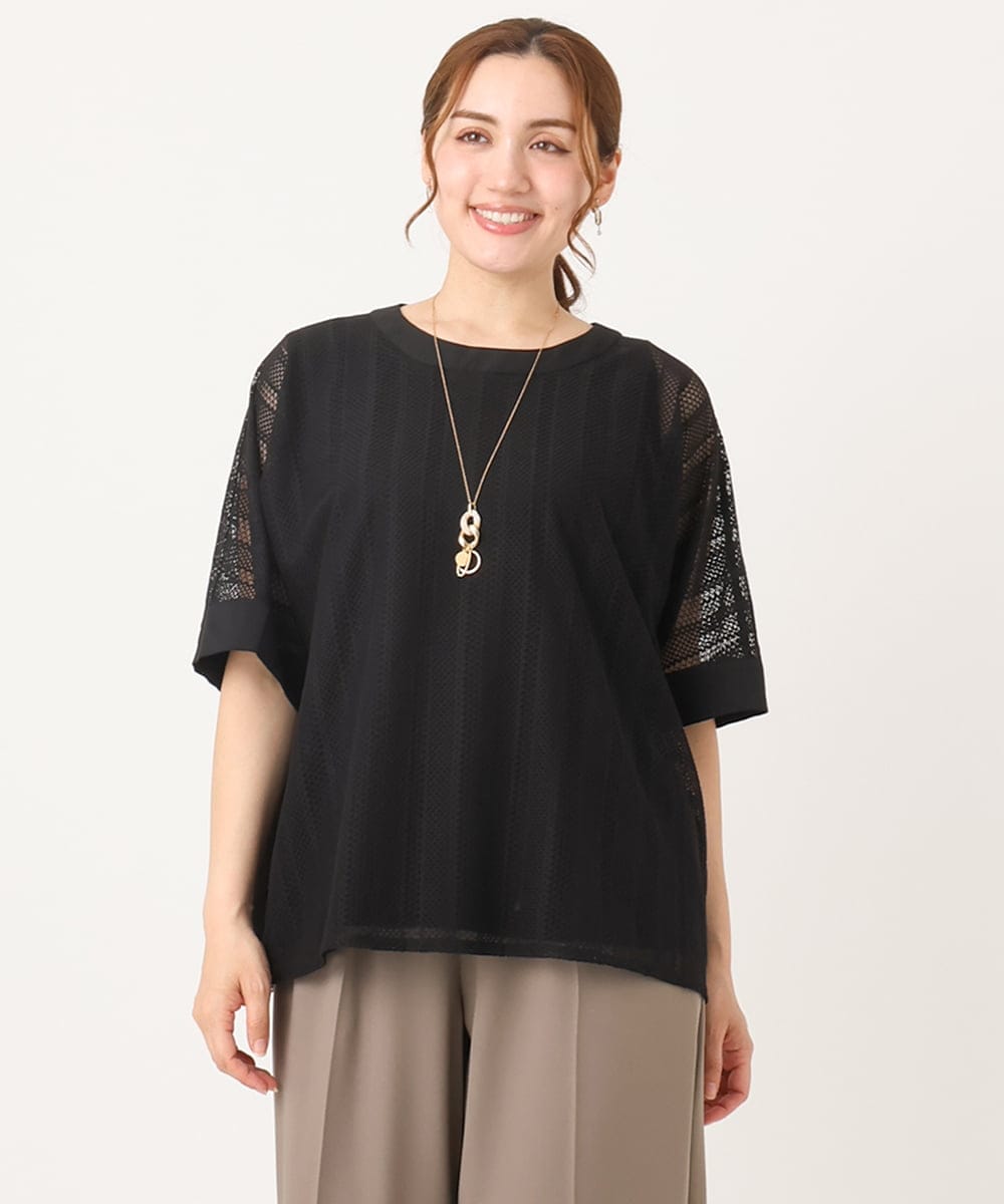 OLKIA48069 eur3(エウルキューブ) 【WEB先行販売】【大きいサイズ/a.v.v×eur3】幾何レースレイヤードトップス ブラック(94)