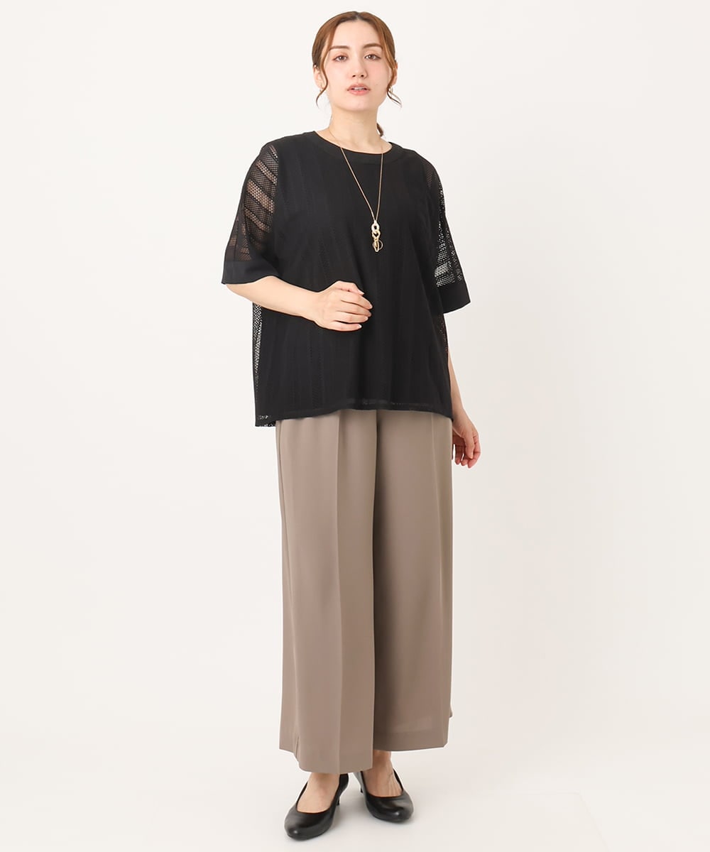 OLKIA48069 eur3(エウルキューブ) 【WEB先行販売】【大きいサイズ/a.v.v×eur3】幾何レースレイヤードトップス ブラック(94)