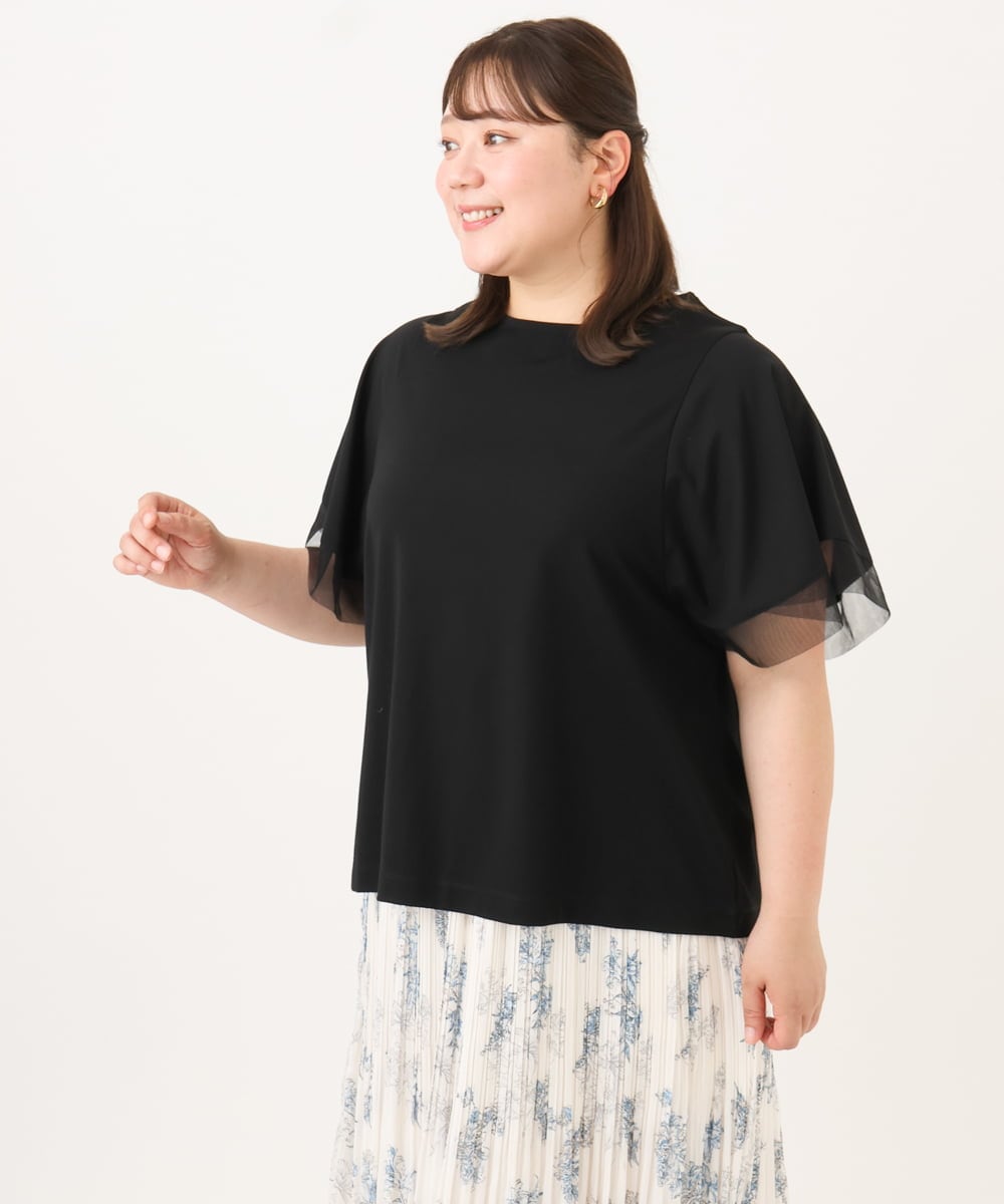 OLKID44064 eur3(エウルキューブ) 【WEB先行販売】【大きいサイズ/a.v.v×eur3】シアー切替フレアスリーブトップス ブラック