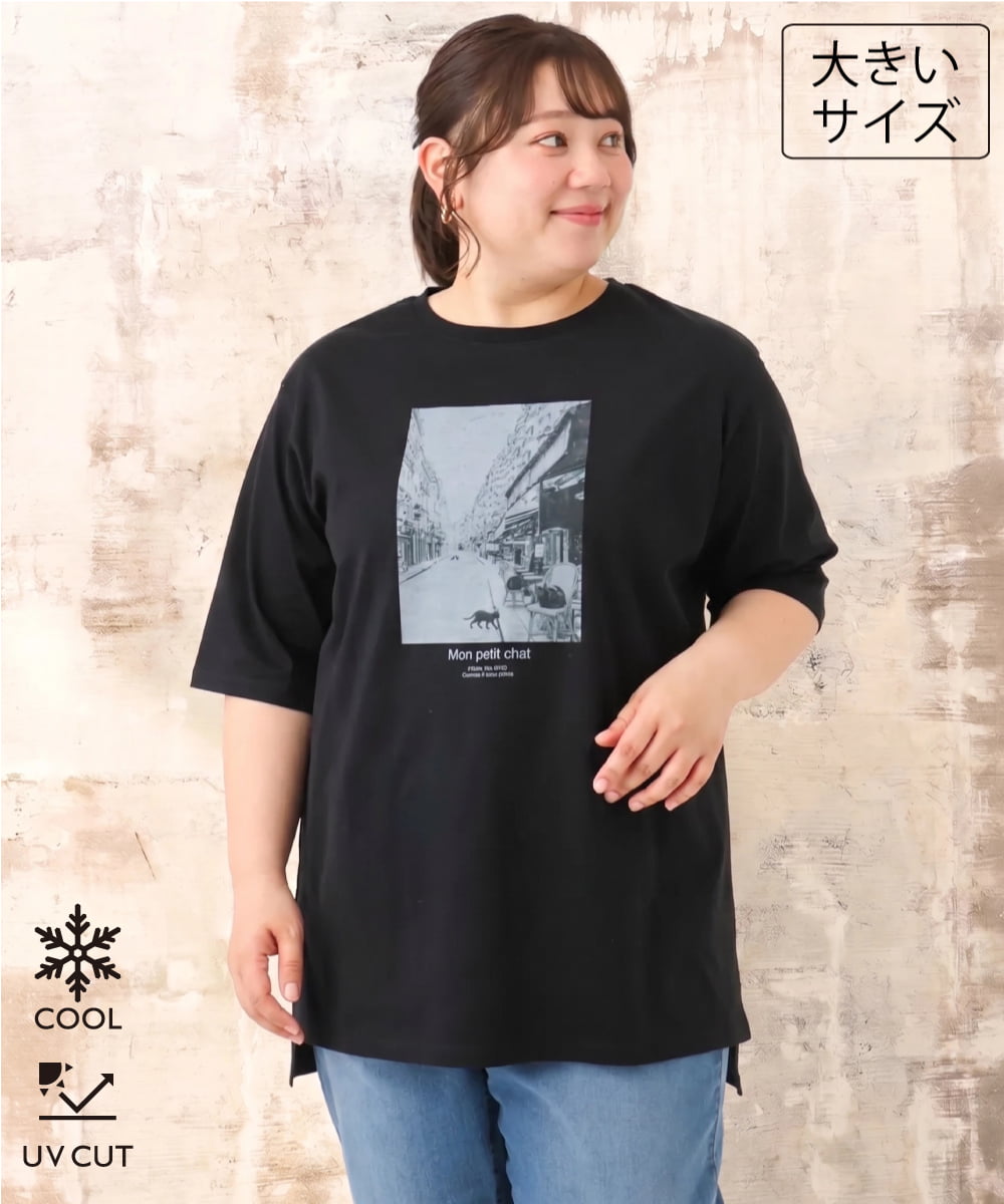OLKID55059 eur3(エウルキューブ) 【大きいサイズ/接触冷感/UVカット】ネコプリントTシャツ ブラック