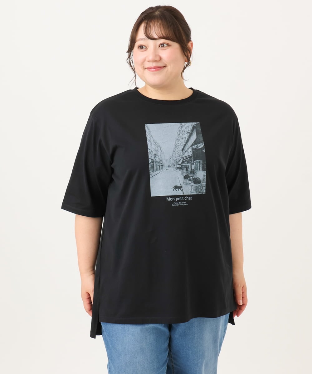 OLKID55059 eur3(エウルキューブ) 【大きいサイズ/接触冷感/UVカット】ネコプリントTシャツ ブラック