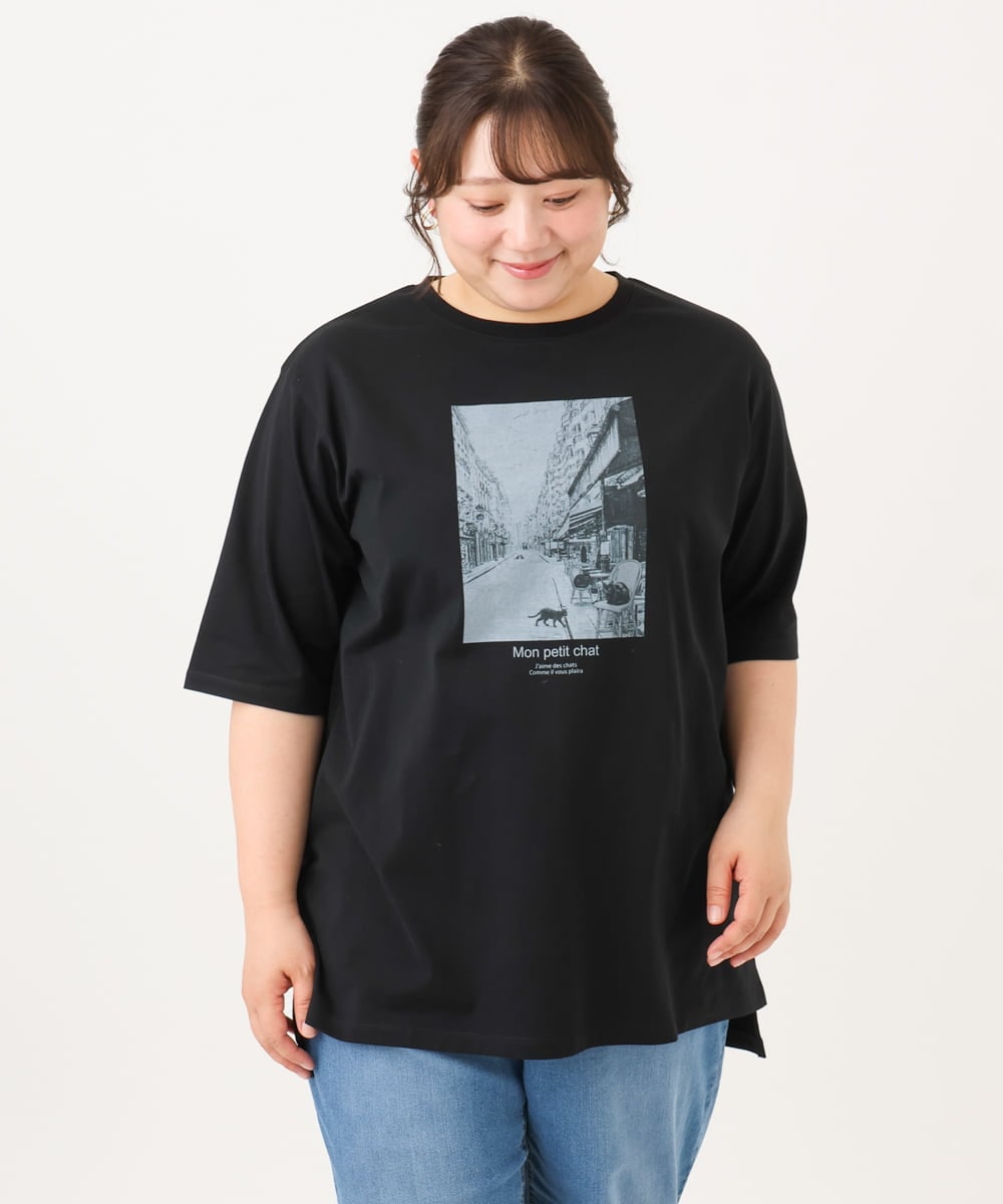 OLKID55059 eur3(エウルキューブ) 【大きいサイズ/接触冷感/UVカット】ネコプリントTシャツ ブラック