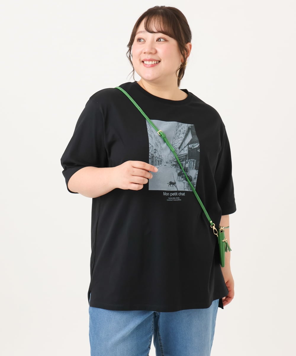 OLKID55059 eur3(エウルキューブ) 【大きいサイズ/接触冷感/UVカット】ネコプリントTシャツ ブラック