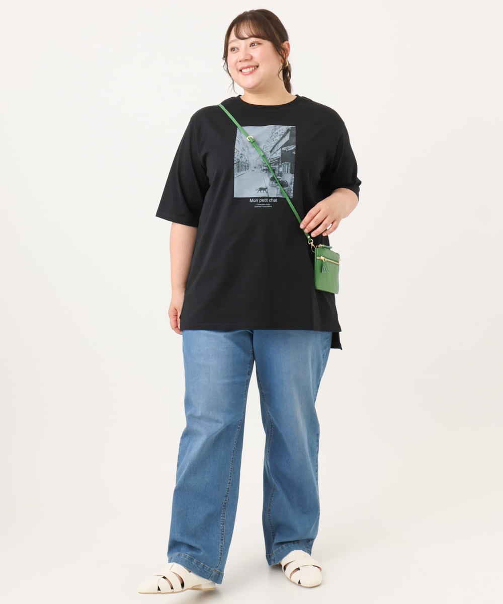 OLKID55059 eur3(エウルキューブ) 【大きいサイズ/接触冷感/UVカット】ネコプリントTシャツ ブラック