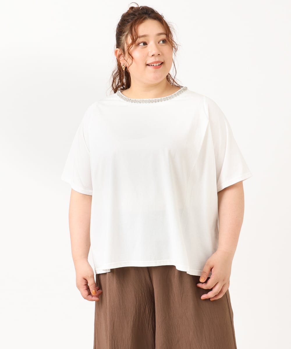 OLKIV44079 eur3(エウルキューブ) 【大きいサイズ】ビジューネックTシャツ ホワイト(90)