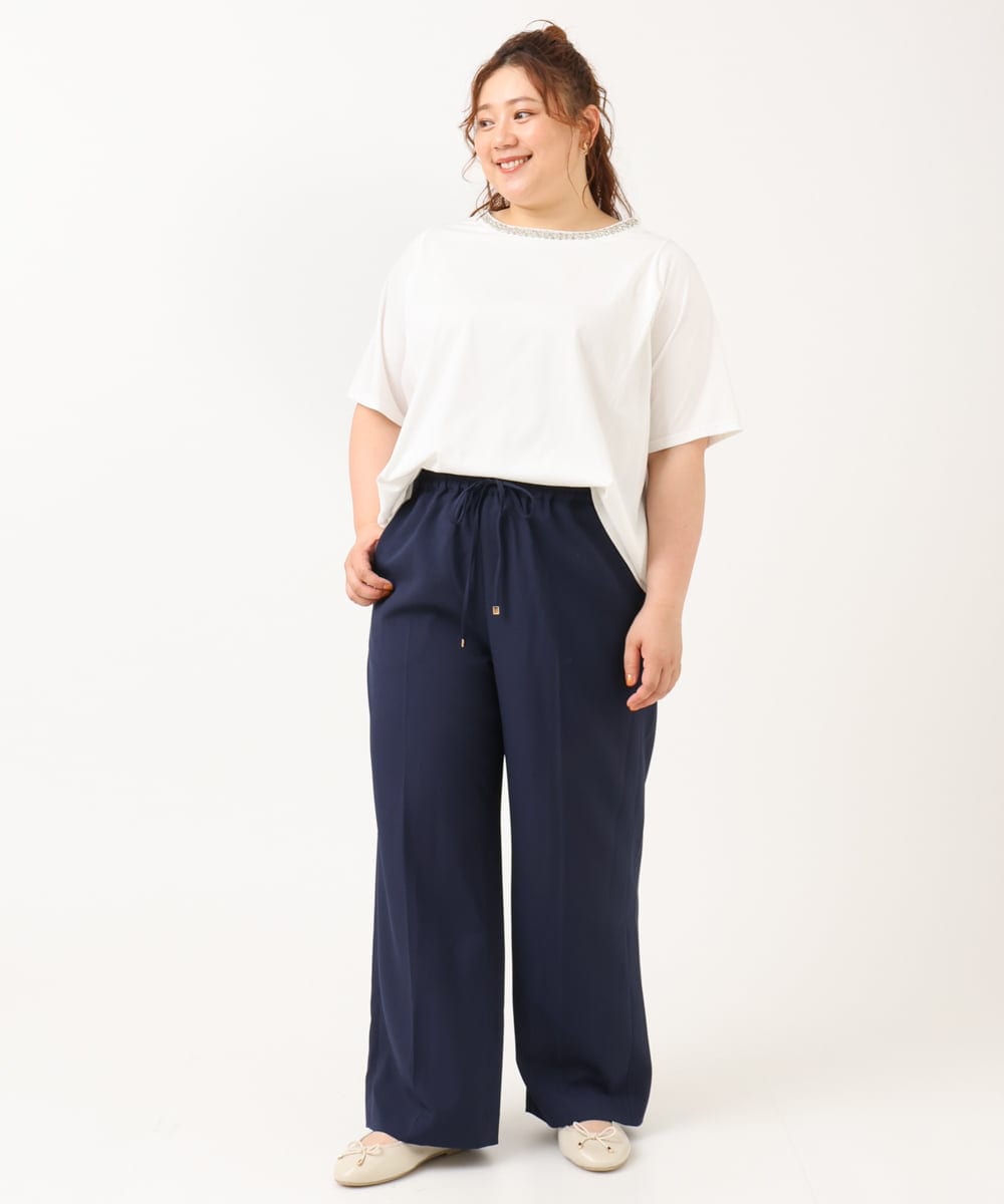 OLKIV44079 eur3(エウルキューブ) 【大きいサイズ】ビジューネックTシャツ ホワイト(90)