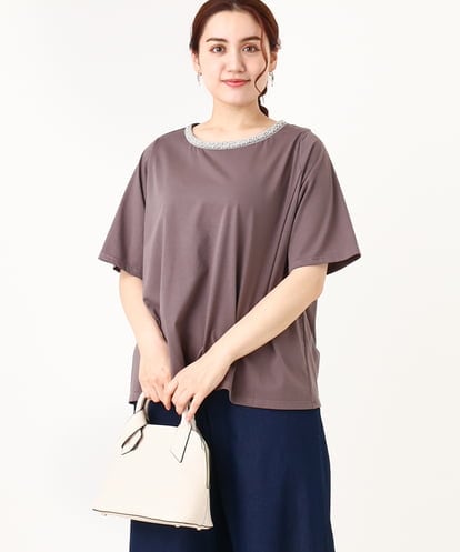 OLKIV44079  【大きいサイズ】ビジューネックTシャツ