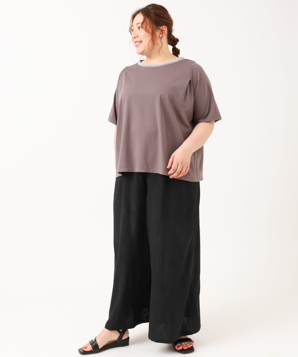 OLKIV44079 eur3(エウルキューブ) 【大きいサイズ】ビジューネックTシャツ ダークグレー(93)