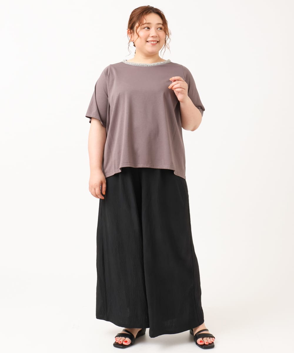 OLKIV44079 eur3(エウルキューブ) 【大きいサイズ】ビジューネックTシャツ ダークグレー(93)