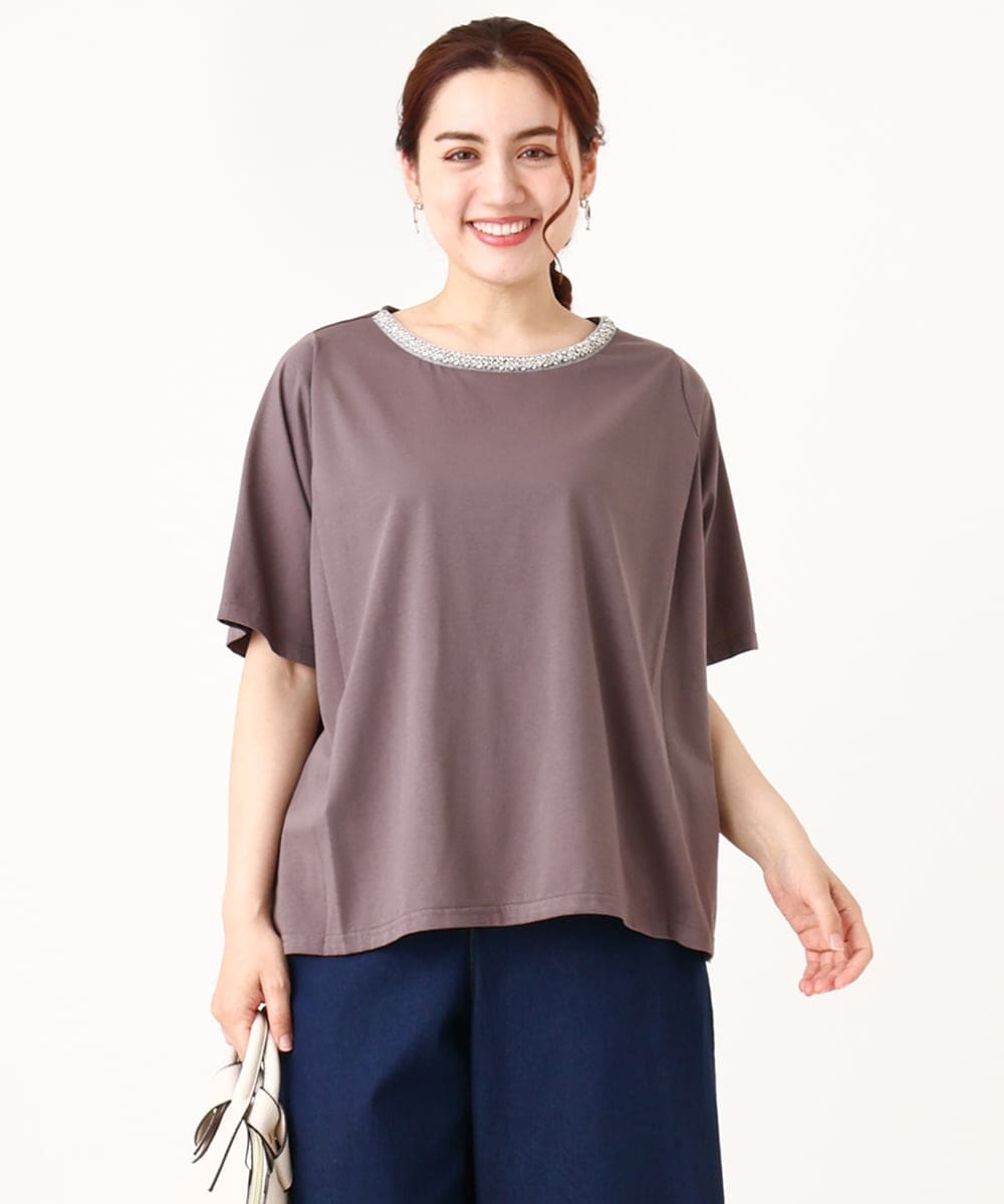OLKIV44079 eur3(エウルキューブ) 【大きいサイズ】ビジューネックTシャツ ダークグレー(93)