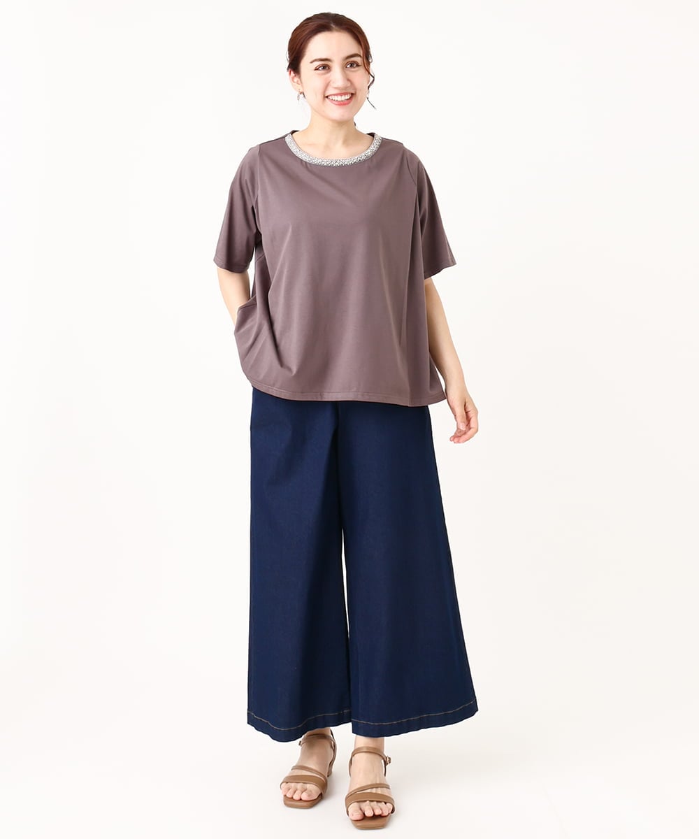 OLKIV44079 eur3(エウルキューブ) 【大きいサイズ】ビジューネックTシャツ ダークグレー(93)