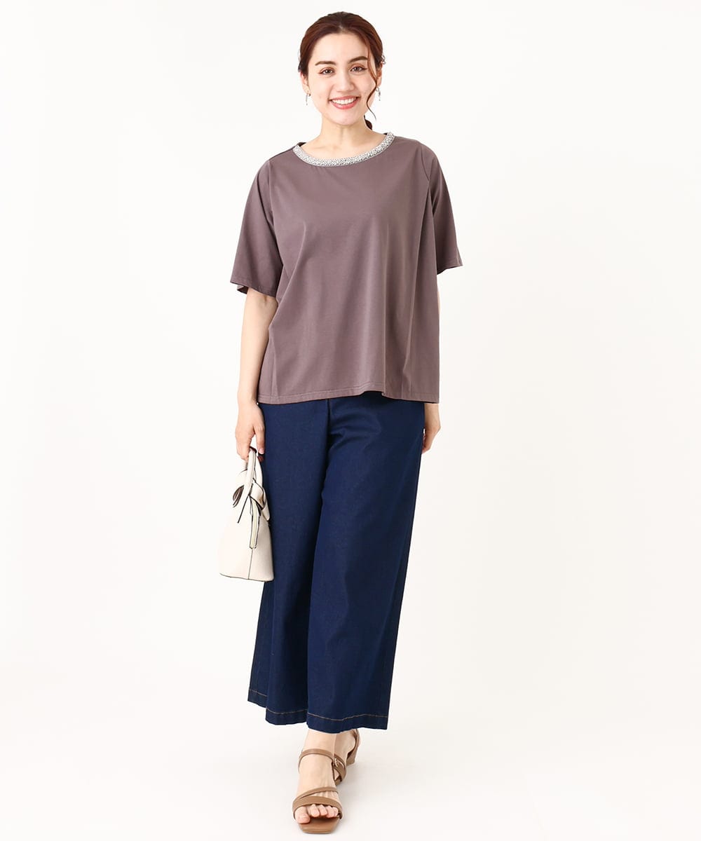 OLKIV44079 eur3(エウルキューブ) 【大きいサイズ】ビジューネックTシャツ ダークグレー(93)