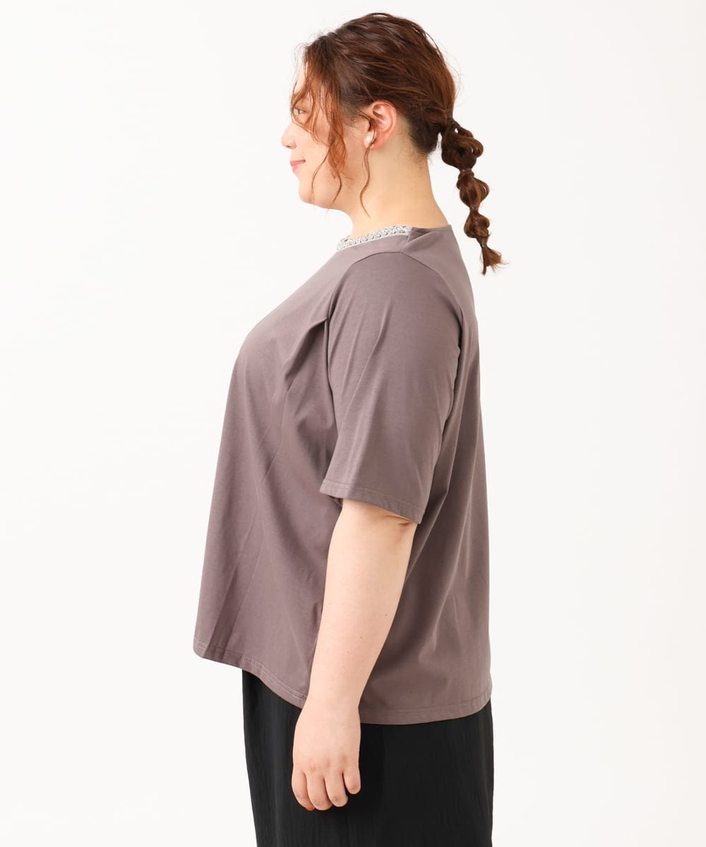 OLKIV44079 eur3(エウルキューブ) 【大きいサイズ】ビジューネックTシャツ ダークグレー(93)