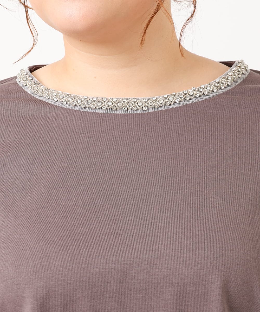 OLKIV44079 eur3(エウルキューブ) 【大きいサイズ】ビジューネックTシャツ ダークグレー(93)