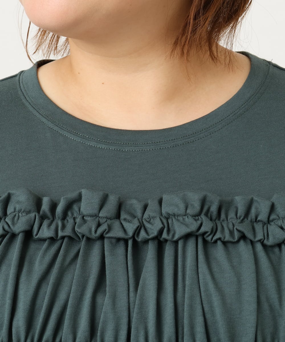 OLKJA13089 eur3(エウルキューブ) 【大きいサイズ/LAVEANGE×eur3】シャーリング異素材ドッキングプルオーバー グリーン(35)