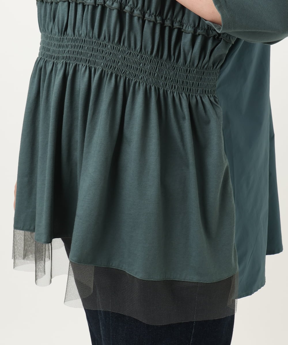 OLKJA13089 eur3(エウルキューブ) 【大きいサイズ/LAVEANGE×eur3】シャーリング異素材ドッキングプルオーバー グリーン(35)