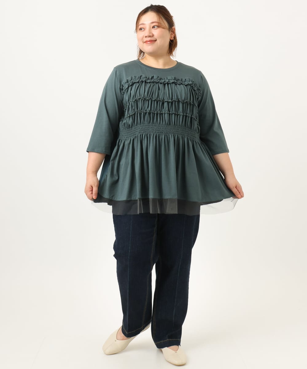 OLKJA13089 eur3(エウルキューブ) 【大きいサイズ/LAVEANGE×eur3】シャーリング異素材ドッキングプルオーバー グリーン(35)