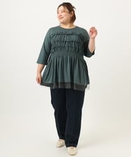 OLKJA13089 eur3(エウルキューブ) 【大きいサイズ/LAVEANGE×eur3】シャーリング異素材ドッキングプルオーバー グリーン(35)