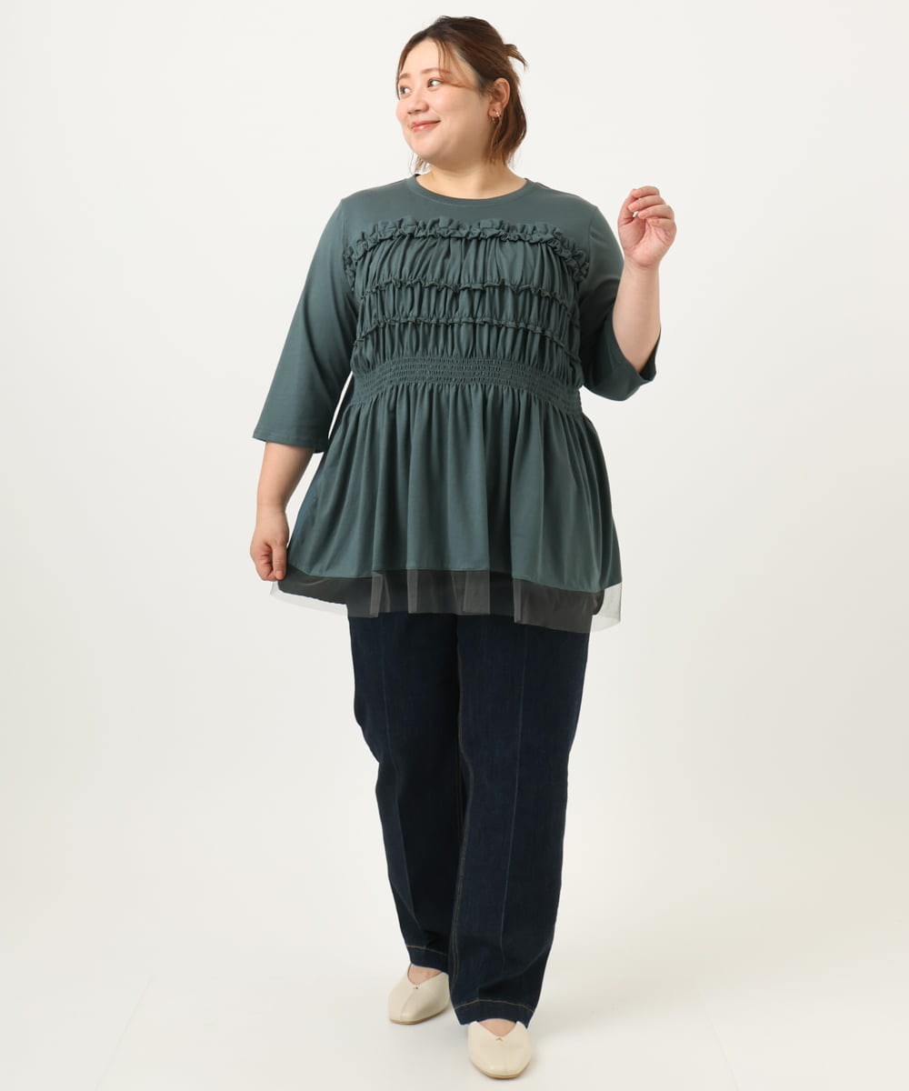 OLKJA13089 eur3(エウルキューブ) 【大きいサイズ/LAVEANGE×eur3】シャーリング異素材ドッキングプルオーバー グリーン(35)