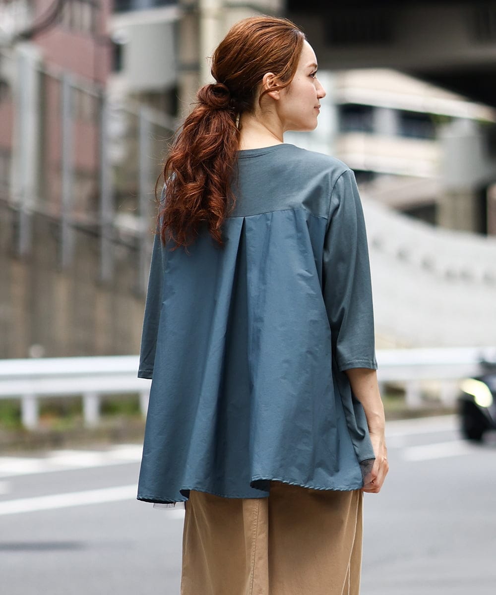 OLKJA13089 eur3(エウルキューブ) 【大きいサイズ/LAVEANGE×eur3】シャーリング異素材ドッキングプルオーバー グリーン(35)