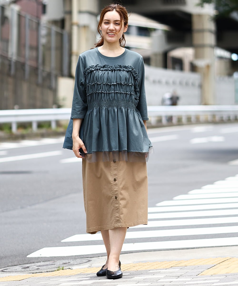 OLKJA13089 eur3(エウルキューブ) 【大きいサイズ/LAVEANGE×eur3】シャーリング異素材ドッキングプルオーバー グリーン(35)