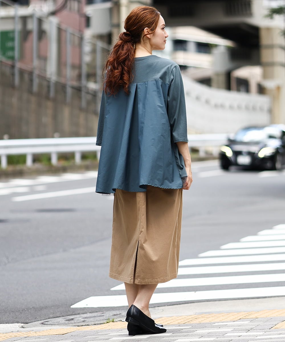OLKJA13089 eur3(エウルキューブ) 【大きいサイズ/LAVEANGE×eur3】シャーリング異素材ドッキングプルオーバー グリーン(35)