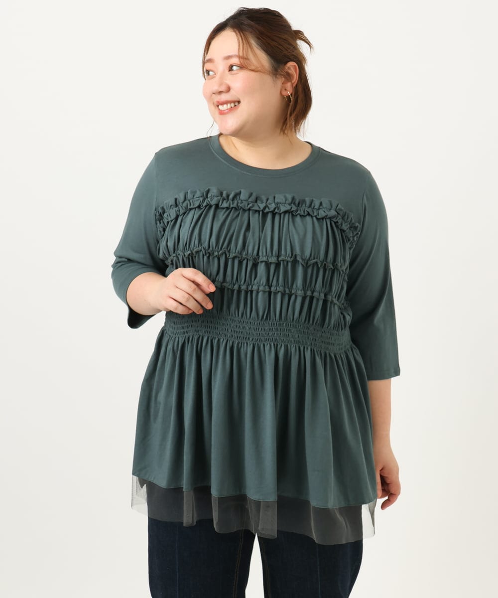 OLKJA13089 eur3(エウルキューブ) 【大きいサイズ/LAVEANGE×eur3】シャーリング異素材ドッキングプルオーバー グリーン(35)