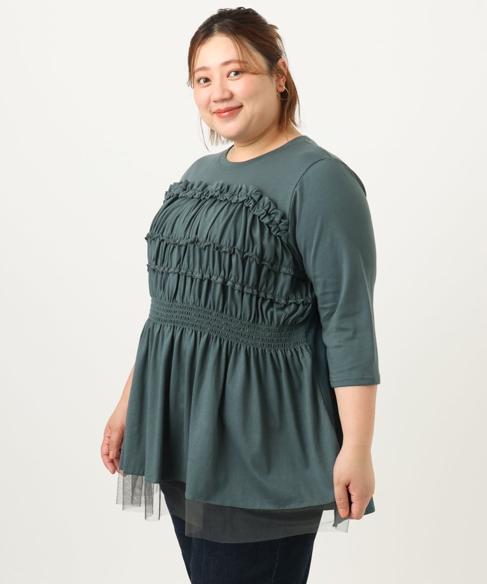 OLKJA13089 eur3(エウルキューブ) 【大きいサイズ/LAVEANGE×eur3】シャーリング異素材ドッキングプルオーバー グリーン(35)