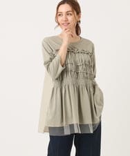 OLKJA13089 eur3(エウルキューブ) 【大きいサイズ/LAVEANGE×eur3】シャーリング異素材ドッキングプルオーバー カーキ(36)