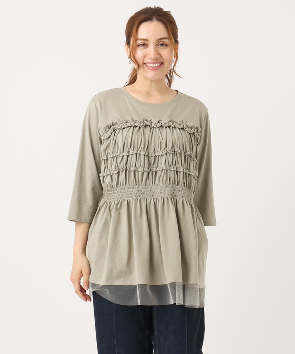 OLKJA13089 eur3(エウルキューブ) 【大きいサイズ/LAVEANGE×eur3】シャーリング異素材ドッキングプルオーバー カーキ(36)